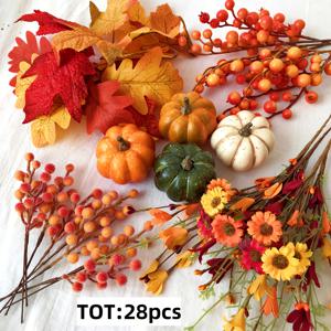 TEMU 28피스 가을 수확 장식 세트, 오렌지-레드 인공 데이지 폼 호박 단풍 열매 줄기, DIY 장식 키트, 추수감사절 , 할로윈 파티 용품, 가을 축하 홈 데코