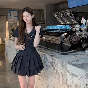 TEMU 여성용 해군 파란색 반팔 셔츠 드레스 - 허리 타이가 있는 플리츠 A라인 미니 드레스, 카페나 캐주얼한 외출에 적합한 캐주얼 여름 스타일, 반팔 드레스