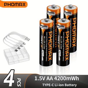 TEMU PHOMAX AA 1.5V 4200mWh 리튬 배터리, 2/4/6/8개, USB TYPE-C 충전, 1.5V 리이온 충전식 배터리, 대용량 내구성, 1.5V 일정 전압 출력, 빠른 충전, 완전 충전 자동 정지. 전기 칫솔, 계산기 도어벨, 리모컨, 마우스 등에 적합합니다.|계산기