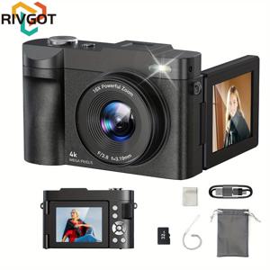 TEMU RIVGOT 4K 디지털 카메라 - 블로깅용, 5000m 픽셀, 16배 줌, 2.8인치 플립 스크린, 자동 포커스 및 안정화, 32GB SD 카드 및 액세서리 포함, USB 연결, 조절 가능한 설정 - 초보자에게 적합, 패션 블랙, 블로깅 액세서리, 초보자 사진, 세련된 카메라 디자인, 내구성 있는 카메라 바디