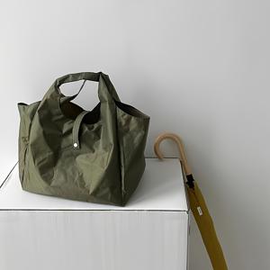 TEMU 초경량 접이식 그린 옥스포드 쇼퍼 토트백 - 스냅 클로저, 휴대용 비치백으로 장보기 및 여행 필수품을 간편하게 정리할 수 있는 휴대폰 크기로 접히는 가방