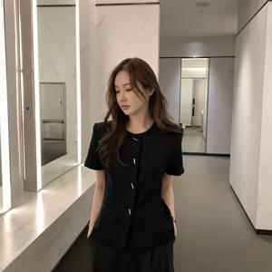TEMU 세련되고 우아한 트위드 라운드넥 반팔 재킷, 포켓 디자인 – 키업 효과, 에어컨실용 레이어링 아이템, 티셔츠나 상의 위에 착용하기 좋은