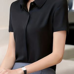 TEMU 여성용 우아한 블랙 반팔 블라우스 - 전문적이고 정장용 단색 버튼업 셔츠, 100% 폴리에스터, 비침 없는 매끄러운 질감, 업무 및 사교 행사에 적합