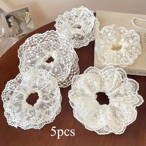 TEMU 5pcs 우아한 화이트 레이스 헤어 스런치 - 달콤한 스타일 플로럴 레이스 디자인, 여성용 면 탄성 헤어 밴드, 머리 묶고 엉덩이 묶을 때 완벽, 헤어 액세서리