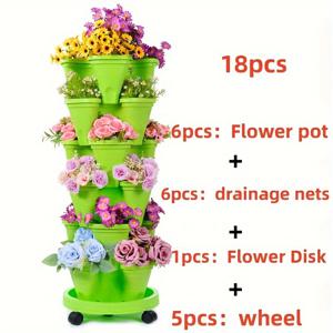 TEMU 1 세트 / 18pcs, 6층 쌓을 수 있는 꽃병 - 꽃, 허브, 딸기, 채소용 수직 정원 식물 - 모바일 휠 및 도구가 있는 내구성 있는 플라스틱 - 실내/실외 정원 식물