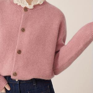 TEMU 여성용 우아한 핑크 카디건 - 부드럽고 포근한 버튼 프론트 스웨터, 퍼프 소매, 기계 세탁 가능 라운드 넥 가을 겨울 레이어링 피스, 귀여운 스웨터, 단추 앞면, 세련된 질감