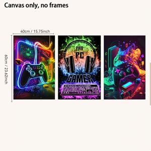 TEMU 3pcs 현대 게임 캔버스 아트 세트 - 생생한 게임 컨트롤러 및 키보드 수채화 포스터, 프레임 없는 벽 장식, 침실 및 게임 룸용, 재사용 가능한 종이 재료, 게이머에게 완벽한 비디오 게임 장식