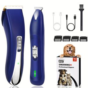 TEMU 개 클리퍼 groomer kit, 두꺼운 무거운 코트를 위한 2in 1 전문가용 개 클리퍼, LED 조명이 있는 낮은 소음의 개 발가락 트리머, 작은 및 큰 개 고양이용 무선 충전식 애완동물 털 깎는 기계
