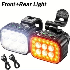 TEMU USB 충전식 자전거 Q6 LED 전면 & 후면 라이트 세트 - 산악, 도로 자전거용 고강도 사이클링 라이트, 빨간색 테일라이트, 파란색 & 흰색 액세서리 포함 - 내구성 있는 ABS, 핸들바 장착, 산악 자전거 조명|통합 LED 라이트|USB 충전식 라이트 키트