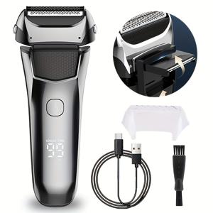 TEMU FEIYBA 남성용 전기 면도기, 알루미늄 필름 디자인, USB 충전, LED 전원 디스플레이, 휴대용 얼굴 면도기 및 면도기 - 사원 칼 포함, 여행, 자동차 및 야외 사용에 이상적 - 남성 선물, 여행 면도기 | 현대 면도기 디자인 | 내구성 있는 배터리, 남성용 전기 면도기