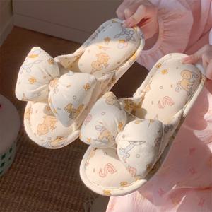 TEMU 여성을 위한 귀여운 곰과 리본 슬리퍼 - 통기성이 좋은 면 소재, 땀 흡수, 미끄럼 방지 PVC 밑창, 귀여운 만화 디자인과 리본 디테일, 집이나 캐주얼한 옷으로 완벽한 집 슬리퍼|여성슬리퍼