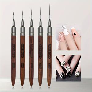 TEMU 샌달우드 핸들 및 캡이 있는 5피스 매니큐어 펜 세트, 전문가용 네일 아트 페인팅 브러시, 조각 디자인, DIY 네일 용품