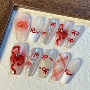 TEMU 10개 수제 프레스 네일, 봄/여름용 네일 아트, 인조 손톱, DIY 도파민 네일 아트 체리 레드 리본 빨간색 네일, 결혼식, 무대, 파티, 휴가 장면에 적합|네일|네일아트|DIY