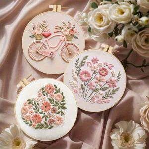TEMU 3pcs 꽃과 자전거 자수 스타터 키트 - 핑크 다이즈와 그린 리프 디자인, 초보자를 위한 DIY 크로스 스티치 키트, 손수 만든 선물 아이디어, 바늘공예 용품|꽃 무늬|내구성 있는 키트, 꽃을 사랑하는 선물|십자수