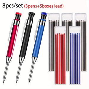 TEMU 8pcs/set 고품질 금속 2.8mm 목공 기계 펜슬, 교체용 연기 코어 세트, 다기능 목공 펜, 깊은 구멍 마킹 용품, 목수 및 건설 노동자용 미세 쓰기 도구(3펜 + 5박스 연기)
