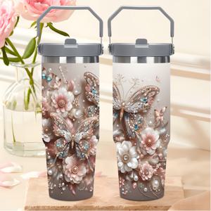 TEMU 1개 30oz 스테인리스 텀블러 컵 - 이중 진공 단열 & 누수 방지 뚜껑, 우아한 펄 & 보석 장식 핑크·화이트·골드 플라워 나비 디자인 - 재사용 가능한 여행용 머그컵 (커피, 차, 야외, 가정용) - 휴일, 생일, 졸업 선물 추천, 고급스러운 음료 용기, 내구성 강한 휴대용 머그, 세련된 디자인