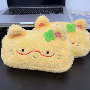 TEMU 대형 부드러운 플러시 고양이 연필 케이스 - 녹색 잎 액센트가 있는 귀여운 만화 디자인, 학교, 사무실 및 예술 용품 보관용 내구성 있는 직물, 귀여운 연필 케이스, 학교용지 홀더, 재미있는 디자인, 플란넬 소재|필통