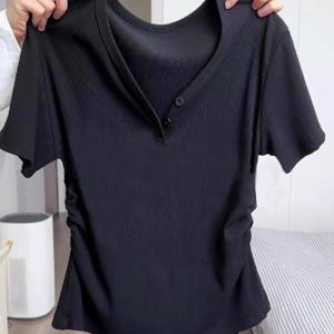 TEMU 여성용 V넥 반팔 티셔츠 - 슬림핏 리브드 탑, 블랙 캐주얼 시크 올시즌 셔츠, 청바지 & 스커트와 매치 가능한 기계 세탁 가능 필수 아이템, 신축성 좋은 스트레치 원단