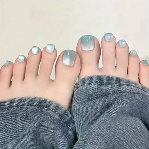 TEMU 밀크 아이스 블루 그라데이션 캣아이 여름용 짧은 발톱 스티커, 탈착 가능한 아름다운 인공발톱 24개 세트|네일팁|네일스티커
