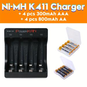 TEMU 세트(배터리+충전기), POWERKAN 1.2V 니켈수소 충전식 AA 및 AAA 배터리 + K411 충전기, 재사용 가능, 800mAh AA 배터리 x4개 + 300mAh AAA 배터리 x4개 콤보, 5V 2A USB 고속 충전 AA AAA 충전기 포함, 가정 전자 액세서리 필수 스타터 키트