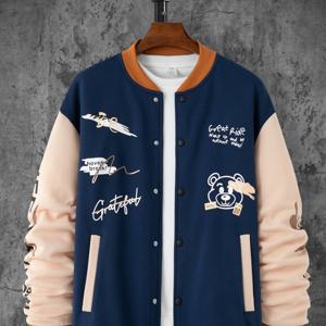 TEMU Doodles 프린트 컬러 블록 대표팀 재킷, 남성 캐주얼 야구 재킷 코트 봄 가을용 레귤러 핏 대학 힙스터
