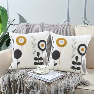 TEMU 2개 보호 플로럴 튜프드 장식용 쿠션 커버, 18x18인치, 노란색 & 회색 자수 쿠션 케이스, 화이트, 소파 & 침실 장식용 아늑한 모던 팜하우스 스타일, 지퍼 클로저, 손세탁 전용 - 삽입물 없음, 장식용 베개