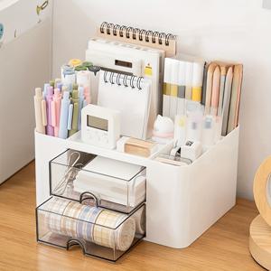 TEMU 1pc 2-드로어 플라스틱 보관함 펜, 노트, 마커, 화장품 - 내구성 있는 데스크탑 정리함, 투명한 구획, 설치 필요 없음, 사무실 책상, 욕실 선반, 학교용품, 사무실 책상 정리함 | 세련된 화이트 디자인 | 내구성 있는 플라스틱 보관함, 데스크 정리함, 데스크 & 드로어 정리함 홈 스토리지용