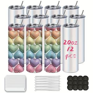 TEMU Kocdam12pcs 20oz 서블리메이션 얇은 직선적인 빈 컵, 뚜껑, 금속 빨대, 빨대 브러시, 실리콘 코스터 및 열 수축 필름 대량 가정 사용, 스테인레스 스틸 이중 벽 폴리머 코팅 열 전달 최고의 선물