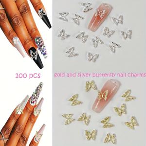 TEMU 100개 나비 3D 네일 참, 실버 및 골드 아크릴 네일용 DIY 공예 매니큐어 액세서리 보석 네일 용품