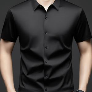 TEMU 남성용 세련된 블랙 반팔 버튼업 셔츠 - 캐주얼, 스퀘어 넥, 중간 스트레치 소재, 여름 외출, 캐주얼 의상에 완벽함|슬리크 핏 셔츠|싱글 버튼 플랙, 필수 여름 셔츠|남자셔츠