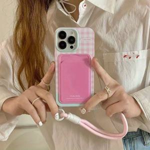 TEMU 트윈즈 핑크 & 화이트 체커드 카드 슬롯 폰 케이스 / 랜야드 폰 케이스 / 월렛 폰 케이스 / 핑크 펜던트 아이폰 15 프로 맥스 / 15 / 15 프로 / 14 프로 맥스 / 14 / 13 프로 맥스 / 12 프로 맥스 / 16 / 16 프로 맥스 풀 커버리지 안티쇼크 스타일리시 디자인