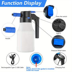TEMU 1.5L 전기 스프레이 건 - 듀얼 모드 고압 2Bar 폼 분사기, USB/배터리 구동 휴대용 차량 세차 및 정원 물뿌리개 도구, 인체공학적 핸들 포함, 자동차, 차량, 야외 청소용 페인트 스프레이어 건, 현대적인 노즐 디자인, 효율적인 노즐, 내구성 있는 구조