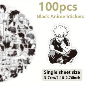 TEMU 100pcs 만화 블랙 앤 화이트 애니메이션 테마 스티커, 휴대폰, 컴퓨터, 노트북, 노트북, 저널 장식 DIY 스티커에 적합합니다