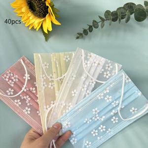 TEMU 40pcs 일회용 이중층 여름 얼굴 마스크, 얇고 통기성, 귀여운 스타일, 체리 꽃 무늬 레이스 디자인, 외출용 편안한 탄성