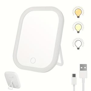 TEMU 1개 AMILL 터치 센서 LED 메이크업 미러, 3가지 색상 모드(/웜 화이트/쿨 ), 무제한 조광 및 밝기 메모리, USB 전원 접이식 스탠드, 휴대용 욕실/침실 미러, 여행용, 선물용 - 전문가 및 일상 사용에 이상적, 슬림한 오벌 디자인, 조절 가능한 조명
