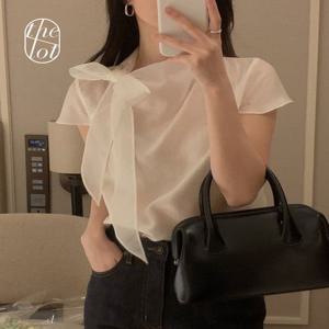 (소,핑 당일) [osro] 오스로 샤샤 타이 리본 반팔 블라우스 캡 시스루 텐셀 셔츠 여름 하객룩 (3color) (여름신상)