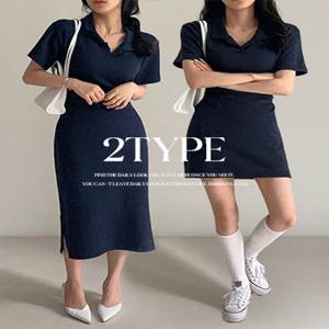 [숏&롱선택????]플로우 피케 반팔카라원피스(6color) [허리리본 오픈카라 휴양지룩 미니스커트 PK 여름원피스]