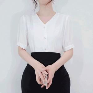 [여름 면접룩] 반팔 엘리 브이넥 진주 오피스룩 블라우스/6color