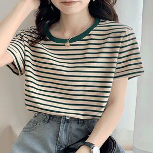 [당일발송]*퀄리티보장*[M-XL]여자 컬러 스트라이프 반팔 티셔츠 단가라 기본 데일리 베이직 오버핏 루즈핏 여름 면티셔츠 썸머 빅사이즈 반소매 코튼