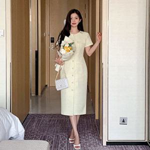 (트위드원피스)1000장 돌파✨  모디프 포켓 버튼 트위드 H라인 롱 반팔 원피스 롱원피스 H라인원피스 반팔원피스 격식룩 하객룩 여름원피스 오피스룩 브랜드퀄리티 데일리룩 썸머 op16035