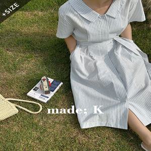 [자체제작/S-XL]#여름???? 리블 카라 히든단짝 핀턱 스트라이프 반팔 원피스