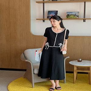 [44-120]  키베르닝 스판 배색 리본 가디건 원피스 세트 (끈조절)( 여름/데일리룩/데이트룩/캐주얼룩/캠퍼스룩/하객룩/격식룩/출근룩/빅사이즈/120사이즈/자체제작/시원한/가벼운/통통녀 /셋업/투피스셋업)