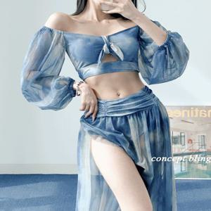 [M-XL] 자스민 블루 나염 쓰리피스 비키니 오프숄더 셔링 긴팔 커버업 롱 수영복 휴양지 바캉스 호캉스룩 커버업포함 스커트 롱스커트 포함