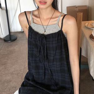 빈티지 체크 레이어드 셔링 나시 블라우스 (2color)
