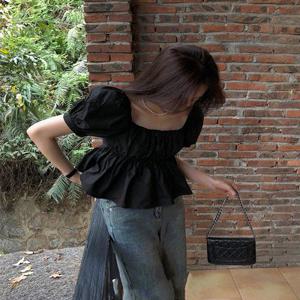 (당일출고/자체제작) 오프숄더 스퀘어넥 퍼프 셔링 플레어 여름 썸머 반팔 휴가룩 바캉스룩 휴양지룩 페스티벌룩 하객룩 블랙 크롭 면접 블라우스 셔츠 4color_BL5005