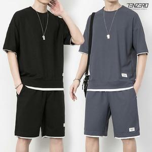 남자 데일리 레이어드 오버핏 반팔 트레이닝세트