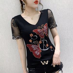 브이넥 라인댄스상의 댄스복상의 반팔시스루 여성