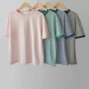 빈티지 슬라브 면 스트라이프 단가라 배색 라운드넥 여성여름 반팔티셔스(4color)