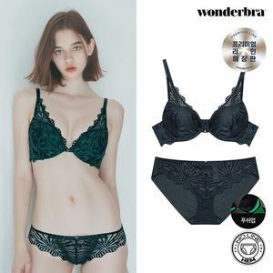 [원더브라] 여성 기하학 레이스 퍼펙트볼륨 브라 팬티 세트_다크네이비