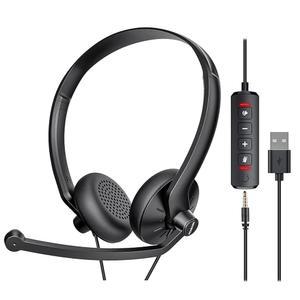 PC 노트북용 마이크가 있는 FEABASK USB 헤드셋 - 홈 오피스 온라인 클래스 스카이프 줌 회의용 노이즈 캔슬링 유선 컴퓨터 헤드폰, 라인 음소거 제어 기능